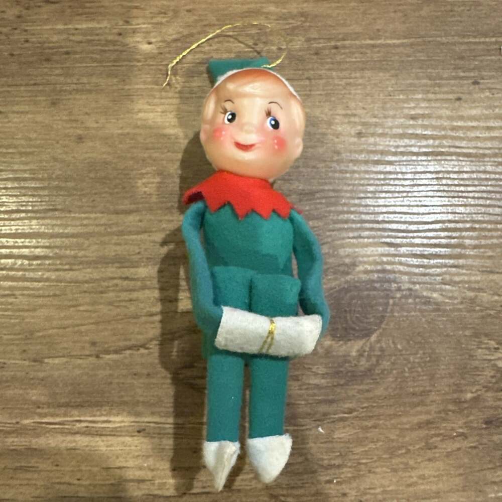 Vintage Knee Hugging Elf Holiday Ornament Christmas Rubber Face Felt Nostalgia